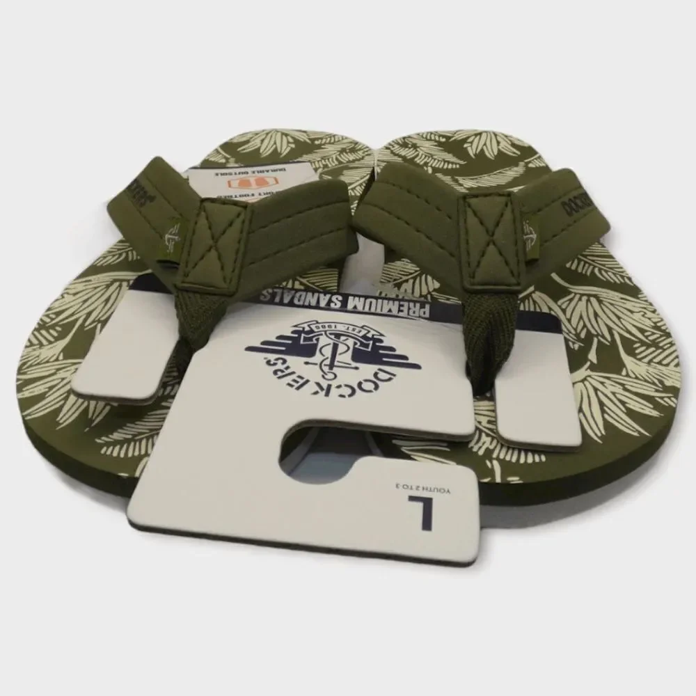 Dockers Premium Flip Flops Green Tropical Palm Print Youth L 2-3 Sandals